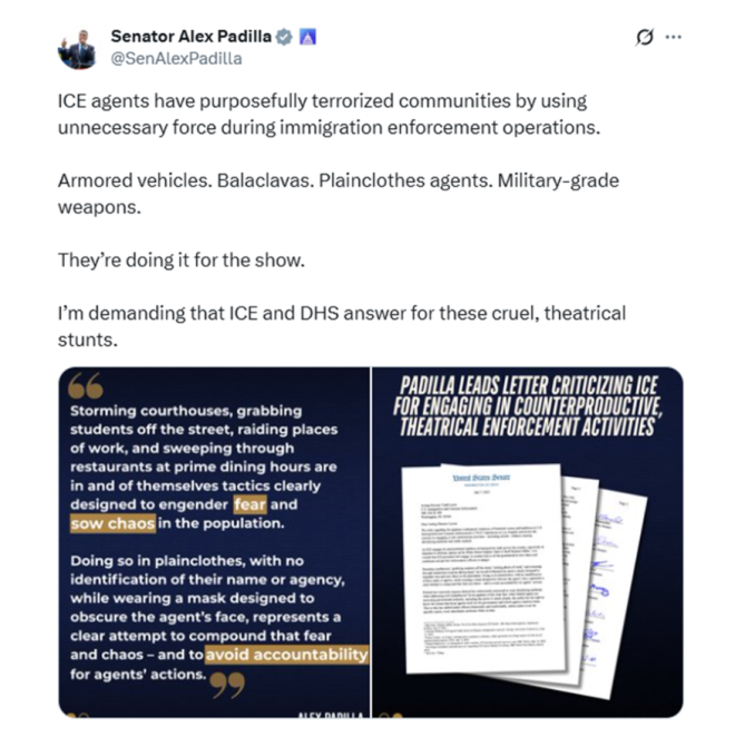 Senator Padilla: ICE's Tactics More Dangerous Than Ambush? — ICE agent safety concerns, community safety initiatives, political accusations against ICE