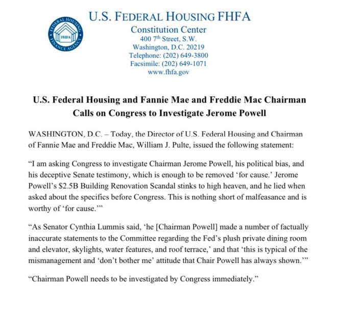 Shock Call: Top Housing Official Demands Fed Chair Probe! —  Federal Housing Investigation, Congressional Oversight of Federal Reserve, Fannie Mae Freddie Mac Leadership 2025