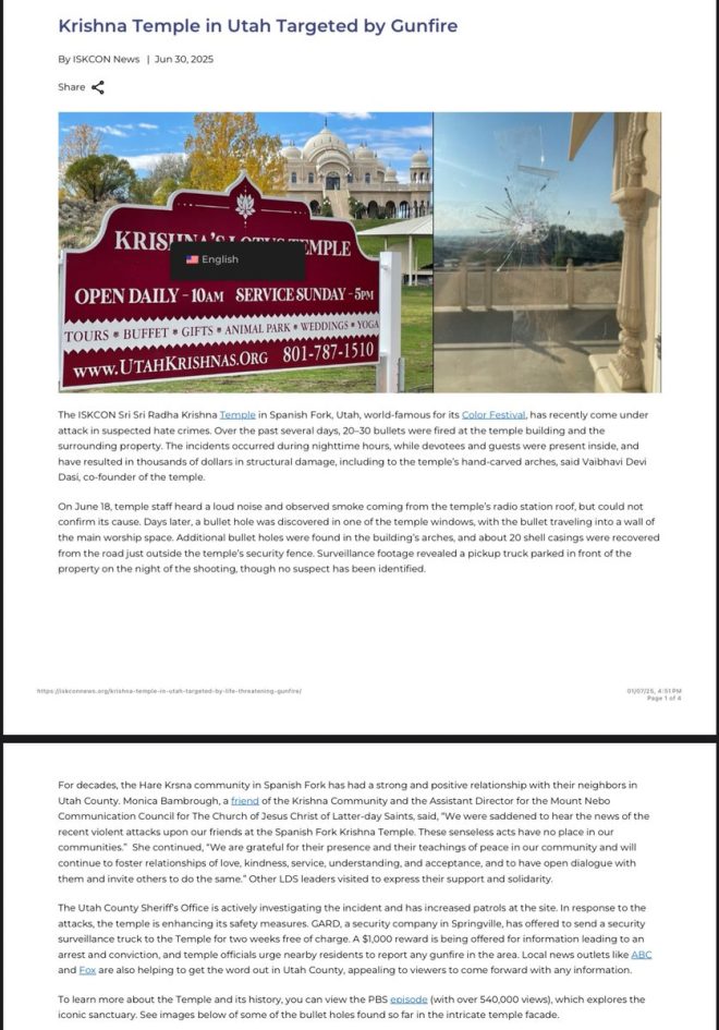 Shocking Attack: Utah Hindu Temple Under Siege! — Hindu temple shooting Utah, Krishna Temple attack Spanish Fork, religious violence USA 2025