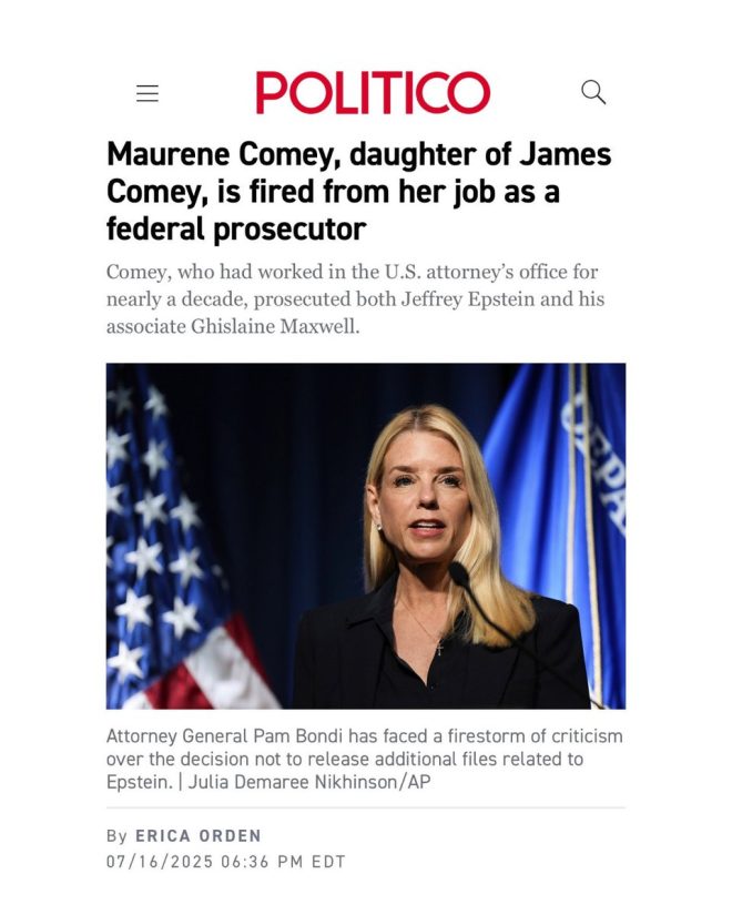 Shocking Dismissal: Comey's Daughter Axed by DOJ! — DOJ prosecutor news, Maurene Comey fired, Pam Bondi announcement
