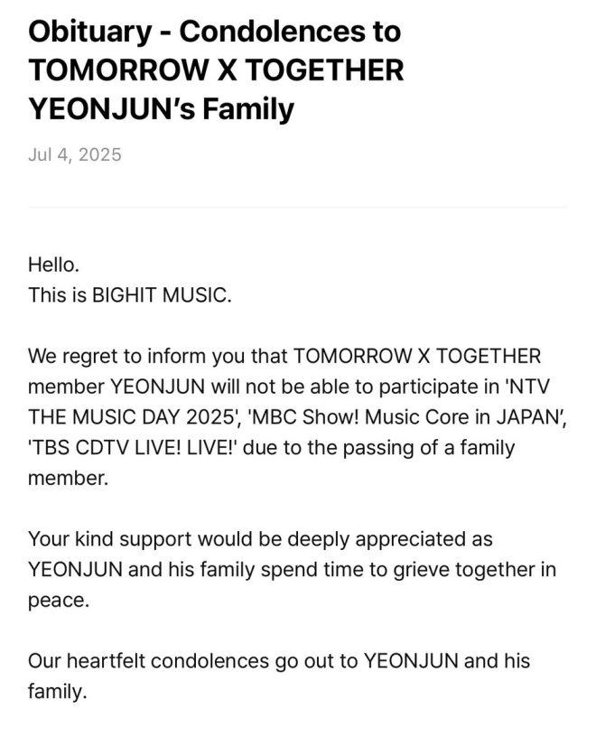 Shockwaves as Yeonjun's Absence Sends Fans into Mourning — Condolences for Yeonjun, TOMORROW X TOGETHER news, Yeonjun family support