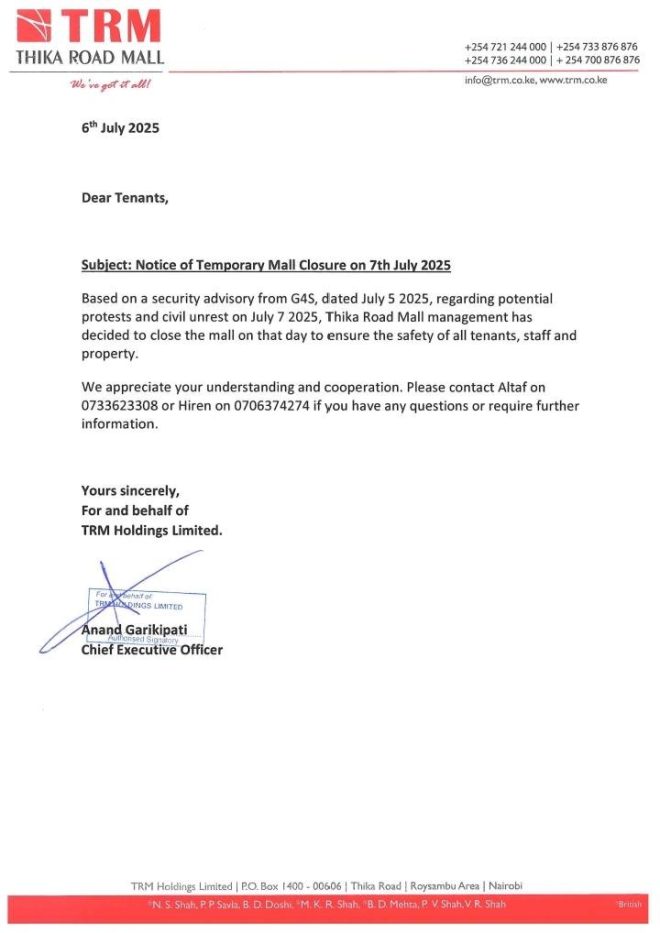 Thika Road Mall Shuts Down for Controversial Protests! — Thika Road Mall closure notice, nationwide protests 2025, public institutions operation adjustments