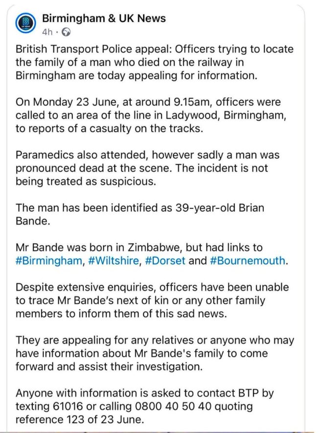 Tragic Death of 39-Year-Old Zimbabwean Brother in Birmingham