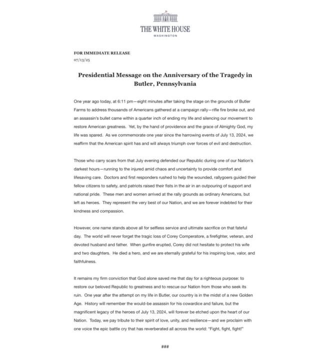 Trump's Shocking Statement on Butler Shooting: What’s Next? — Trump statement anniversary, Butler Pennsylvania shooting memorial, Corey Comperatore tribute