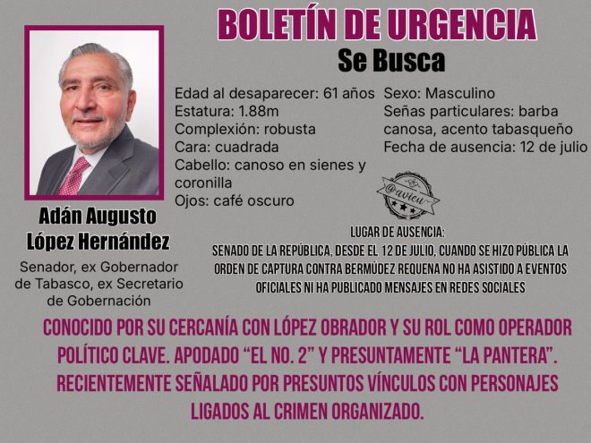 ¿Dónde está Adán Augusto? Desaparición inquietante en el Senado — ¡SE BUSCA Adán Augusto López, Desaparición senador Morena, Orden de captura exsecretario Seguridad