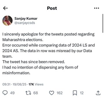 CSDS's Sanjay Kumar Apologizes, But Congress Stirs the Pot! —  Sanjay Kumar apology Maharashtra data, Congress misinformation elections 2025, CSDS tweets controversy