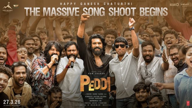 "Controversial Decision: Team #Peddi Sacrifices Ganesh Chaturthi for Massive Song Shoot with Global Star Ram Charan 🎥🔥" — Energetic team, Massive song shoot, Global release