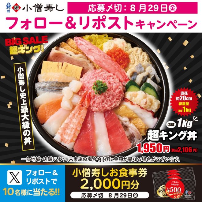 "Controversial: Small Monk Sushi's 'Super King Fair' Features Nearly 1kg Super King Bowl for 2106 Yen! Follow & Retweet for Chance to Win 2000 Yen Meal Voucher! #Giveaway #MobileOrdering" — sushi fair, king size donburi, food voucher giveaway
gourmet campaign, mobile ordering, social media promotion
heaviest meal deal, restaurant gift card, limited time offer