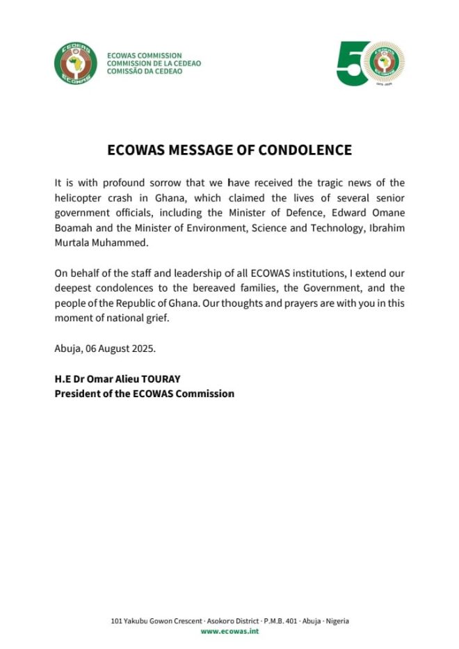 Death: ECOWAS Mourns Ghana's Ministers and 6 Others Lost