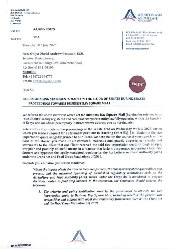 Defamation Clash: Ahmednasir vs. Omtatah's Rice Scandal! — Ahmednasir Abdullahi news, Okiya Omtatah defamation case, rice import regulations 2025