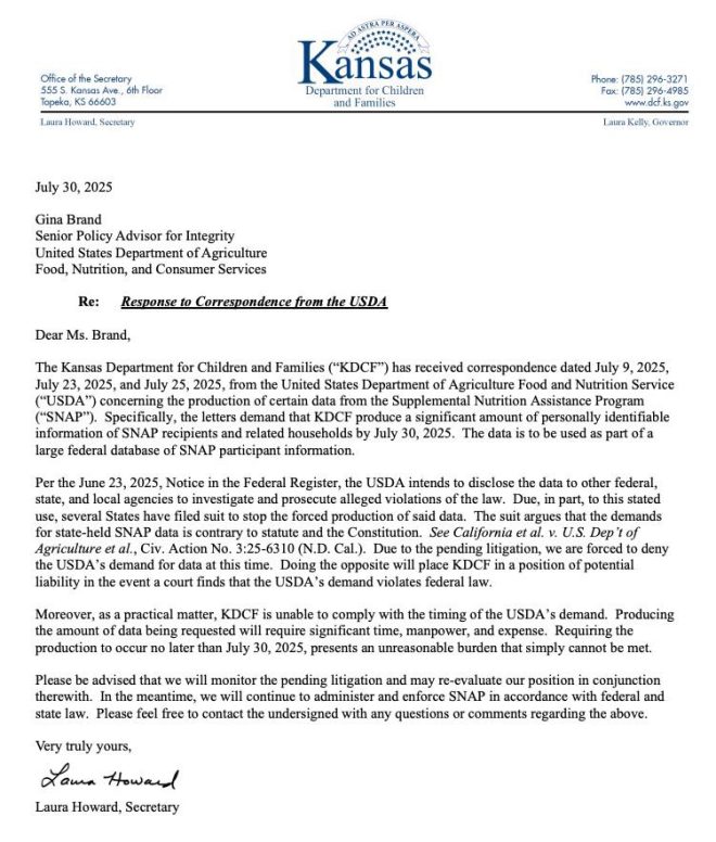 Democrat's Defiance: Kansas Official Refuses USDA's SNAP Data —  SNAP fraud prevention, Kansas Department for Children, USDA data sharing policy