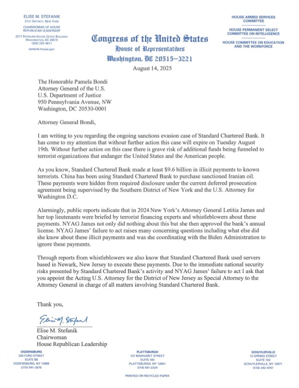 Elise Stefanik's Shocking Letter: Terror Funds & China Collusion! —  Political scandal revelations, International money laundering investigations, Whistleblower protections 2025