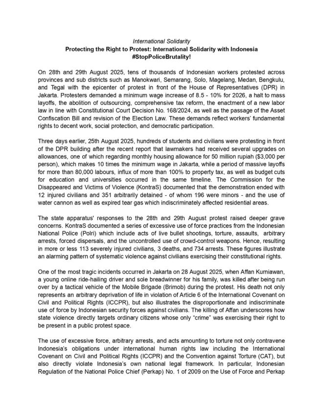 "Global Outrage: 250+ Demand Justice for Indonesian Civilians #StopPoliceBrutality" — Indonesian human rights violations, Accountability for Indonesian civilians, Global condemnation of state violence