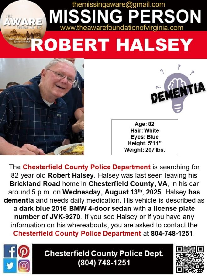 MISSING: 82-Year-Old Man Disappears in Chesterfield! — missing person alert Chesterfield VA, elderly missing Chesterfield County, search for Robert Halsey Chesterfield
