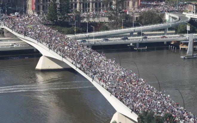 "Massive Brisbane Rally Sparks Debate: Is Silence Complicity?" —  Palestine solidarity march Brisbane, Victoria Bridge protest 2025, Australians support Palestine rally