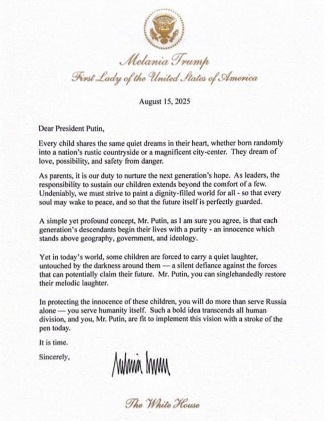Melania Trump’s Shocking Letter to Putin: A Call for Peace? —  Melania Trump Ukraine peace initiative, Putin letter from Melania Trump, end conflict in Ukraine 2025