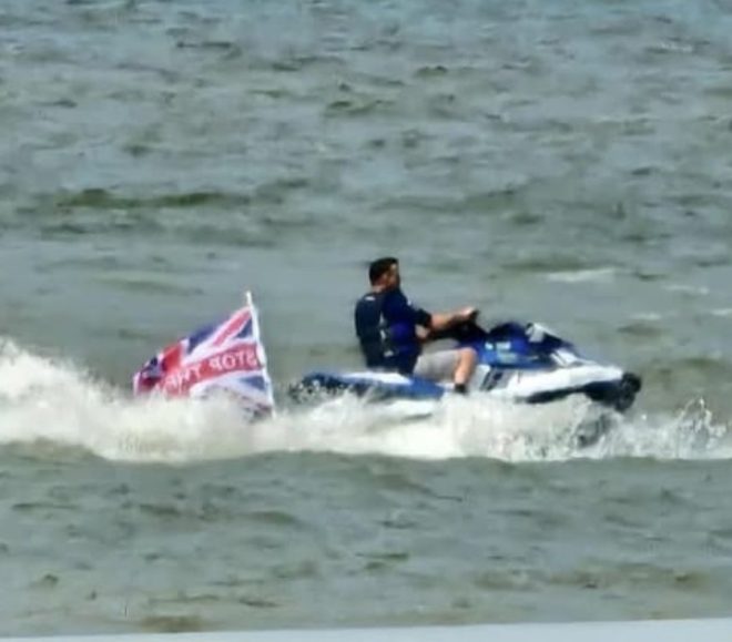Patriot on Jetski Sparks Outrage with 'Stop the Boats' Banner! —  Patriot jetski sighting, Blackpool union jack protest, UK maritime activism 2025