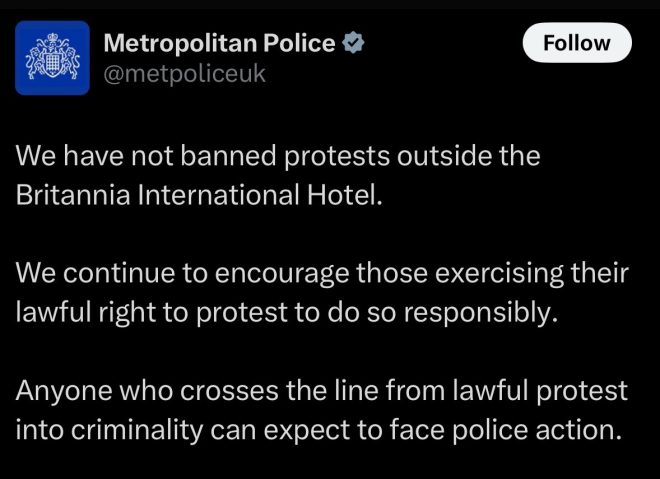 Police: Protests Outside Britannia Hotel Are Still Allowed! — protest rights 2025, police statement on protests, Britannia hotel demonstration
