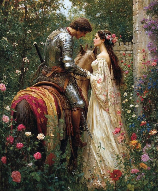 Romantic Armor: Knight's Secret Affair Sparks Outrage! —  romantic medieval art, enchanting knight and lady, pre-Raphaelite love scenes