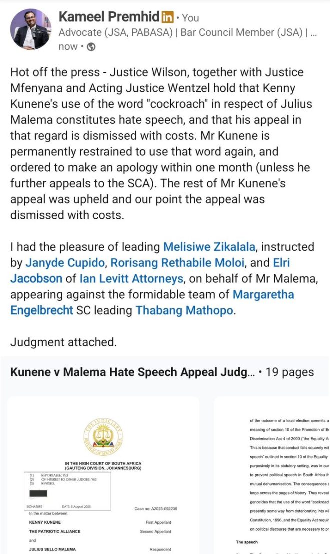 Shock Ruling: Court Labels Kunene's Words as Hate Speech! —  Kenny Kunene hate speech ruling, Julius Malema court appeal outcome, South Africa defamation case 2025