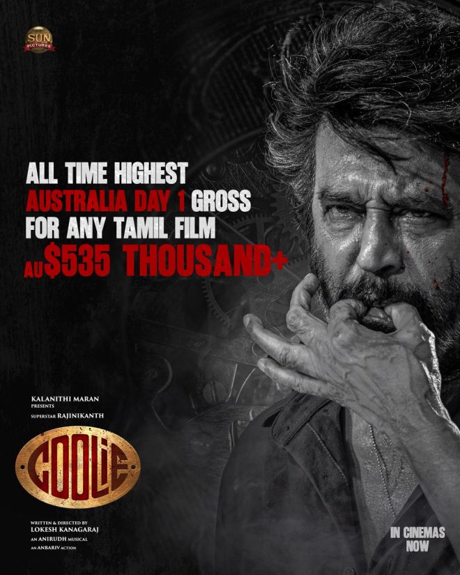 Shocking! Coolie Smashes Australian Box Office Record!  
Rajinikanth's Film Hits AU $535K Day 1 - How Far Can It Go? —  Imaya mala pola excitement, Tamil cinema box office records, Rajinikanth new release 2025