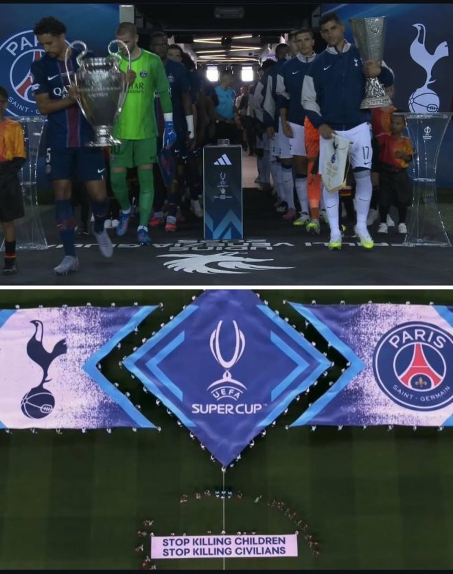 Shocking Protest at UEFA Final: Players Demand Action! —  "UEFA Super Cup Protests", "Footballers for Peace", "Humanitarian Messages in Sports"