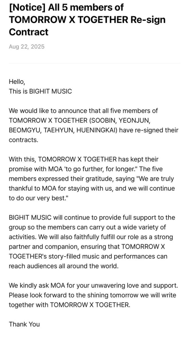 Shocking Twist: TOMORROW X TOGETHER All Re-sign! Why Now? — TOMORROW X TOGETHER contract renewal, K-pop group updates, BIGHIT MUSIC announcements