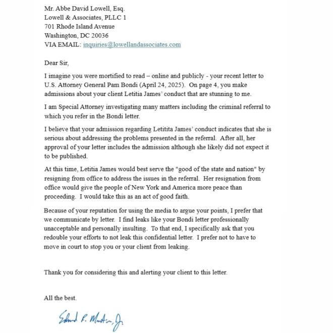Shockwaves as Special Attorney Urges Letitia James: Resign! —  "Letitia James resignation news, Special attorney mortgage fraud investigation, Ed Martin letter to James lawyer"