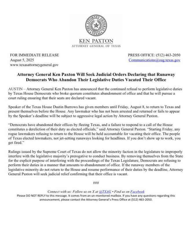 Texas AG Paxton's Shocking Move: Dems' Offices VACANT? — Texas redistricting crisis, Ken Paxton legal action, Democrat leadership vacancy