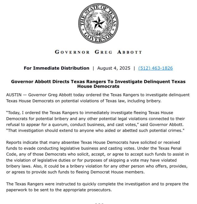 Texas Rangers Probe Runaway Democrats for Bribery! —  Texas Rangers investigation, Greg Abbott Democrats scandal, felony bribery charges 2025