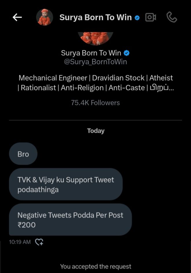 Title: "DMK's Shocking Tactics: Paying for Twitter Smears on TVK!"  

TVKMaduraiManaadu  
TVKVettriMaanadu  
தமிழகவெற்றிக்கழகம்   —  TVK News Alerts, TVK Supporter Updates, TVK Misinformation Watch 2025