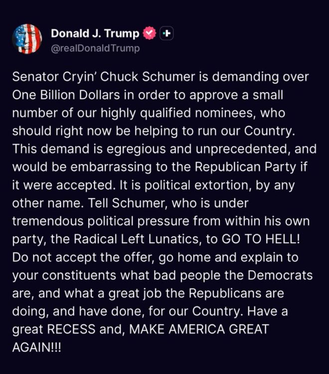 Trump's Fiery Retort: Schumer's Alleged Political Extortion! —  Trump vs Schumer, Political Extortion 2025, Trump Calls Out Schumer