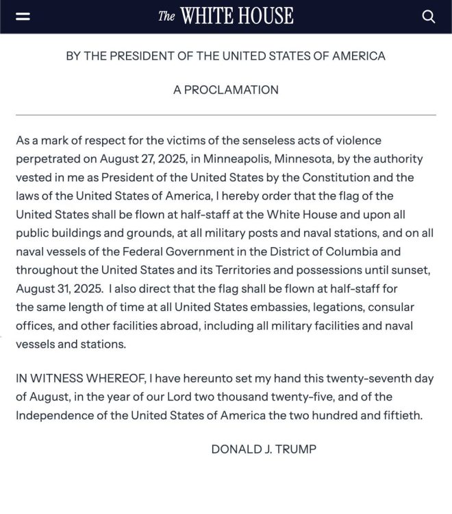 Trump's Shocking Proclamation: Flags at Half-Staff Until 2025! — proclamation honoring victims, American flags half staff, Trump statement Minneapolis