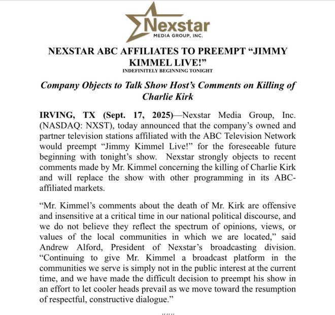 BREAKING: Nexstar Drops Jimmy Kimmel from ABC Stations over Attack on Charlie Kirk - Disney under Fire! —  Jimmy Kimmel controversy, Charlie Kirk incident, Nexstar media group response