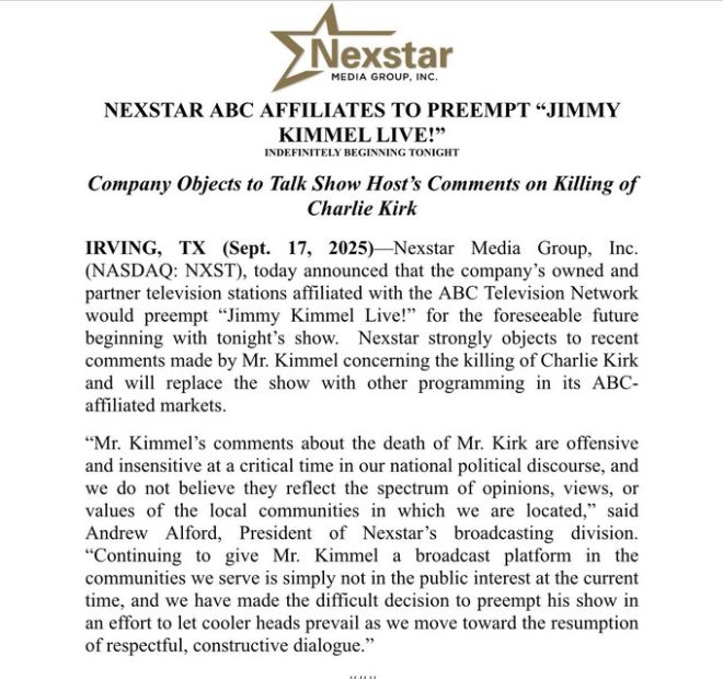 BREAKING: Nexstar Removes Jimmy Kimmel Show from ABC Stations Due to Controversial Charlie Kirk Comments —  Nexstar drops Jimmy Kimmel, ABC stations, Charlie Kirk comments
Nexstar removes Jimmy Kimmel, ABC affiliates, controversial remarks
Nexstar discontinues Jimmy Kimmel, local channels, negative statements