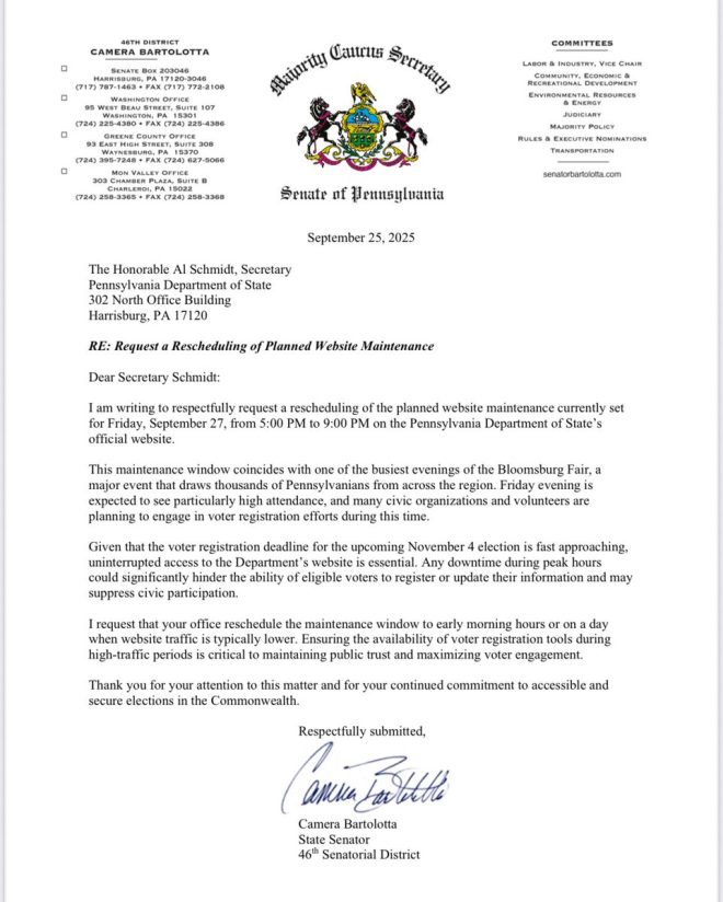 ‼️BREAKING‼️ PA Senator Calls for Controversial Voter Maintenance Schedule Change - What's Really Going On? 🤔🗳️ #Election2022 —  State Senator Camera Bartolotta, website maintenance, voter registration

Letter to Secretary Al Schmidt, schedule change, urgent news

Pennsylvania politics, breaking story, voter update