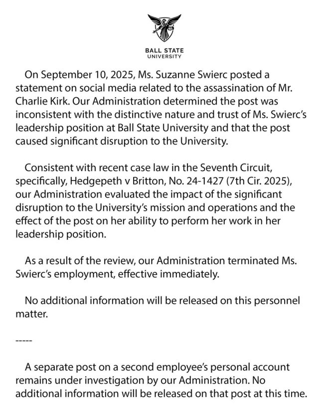 Ball State Health Director Fired Over Shocking Assassination Comments — Ball State University controversy, Health promotion director scandal, Indiana university firing news