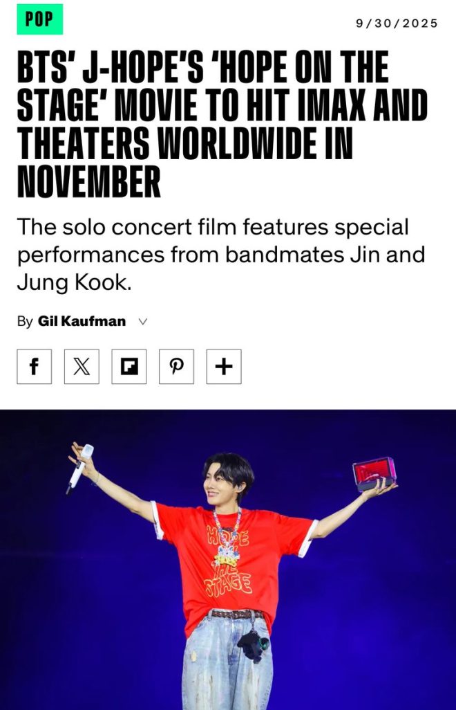"Bandmates Jin and Jung Kook join #JHOPE for explosive new concert film hitting IMAX & theaters worldwide on Nov 12 & 15!" —  
J-Hope concert film IMAX release
BTS Jin Jung Kook special performances
Goyang Stadium solo concert movie