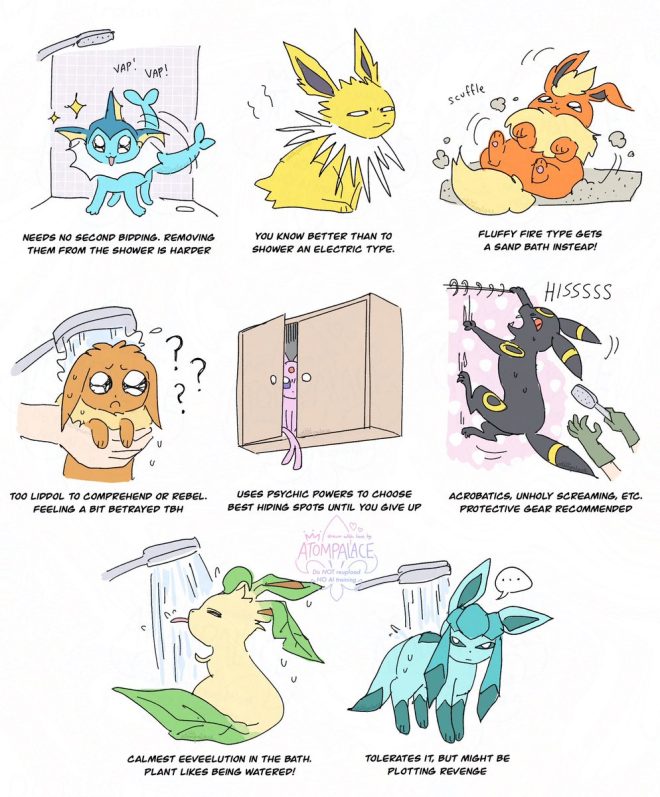 Bathtime Chaos: Eeveelutions' Wild Reactions Exposed! —  Eevee evolution bath reactions, Pokémon bath time fun, Eeveelution grooming experiences