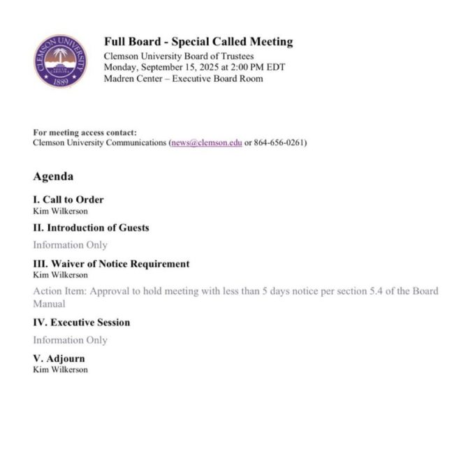 "Clash at Clemson: Board of Trustees to Decide Fate of Professors in Emergency Meeting" —  Clemson University emergency meeting, faculty termination, university funding cut