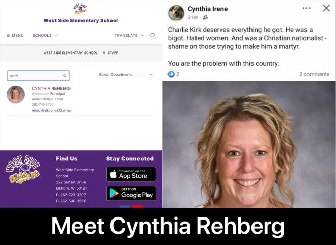 Cynthia Rehberg's Shocking Praise for Kirk's Assassination! —  Meet Elkhorn Educators, West Side Elementary Leadership, Wisconsin School Administration