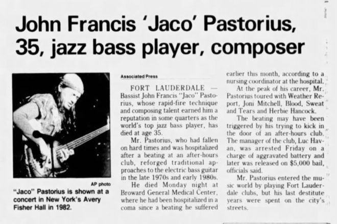 Death of Jaco Pastorius: Musical Genius Lost 38 Years Ago