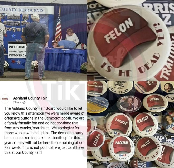 "Democrat Party Booth KICKED OUT of Fair for Promoting Violence Against Trump - 8647 Buttons Spark Outrage!" —  Democratic Party booth, Ashland County Fair, Ohio, 8647 buttons, Trump, violence promotion
Political booth eviction, Ashland County Fair, Ohio, anti-Trump buttons, Democrats, violent rhetoric
Fair controversy, Democrat booth removal, Ashland County, Ohio, inflammatory buttons, OHDems statement