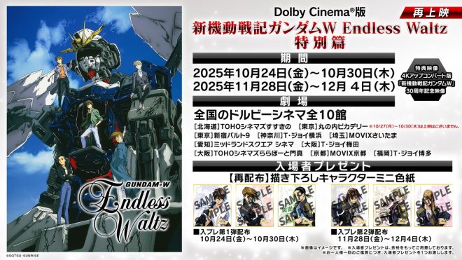 "Dolby Cinema®版『新機動戦記ガンダムW Endless Waltz 特別篇』再上映と入場者プレゼントの再配布決定！" —  Dolby Cinema Gundam W Endless Waltz, Special Screening, Dolby Atmos Experience 
Gundam W Endless Waltz Dolby Cinema, Limited Time Event, Surround Sound 
Immersive Dolby Cinema Experience, Gundam W Endless Waltz Special Edition, High Definition Viewing