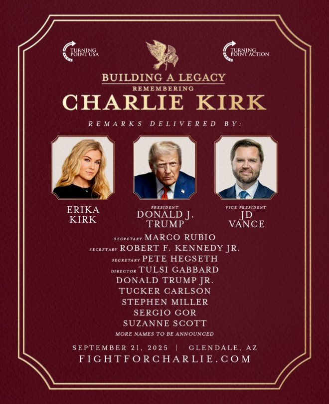 Don't Miss Out on the Explosive Lineup at Charlie Kirk's Memorial Event This Sunday - Trump, Tulsi, RFK Jr. and More! 🚨🔥 —  
Conservative powerhouse event, 
Notable speakers lineup, 
Turning Point USA memorial speakers