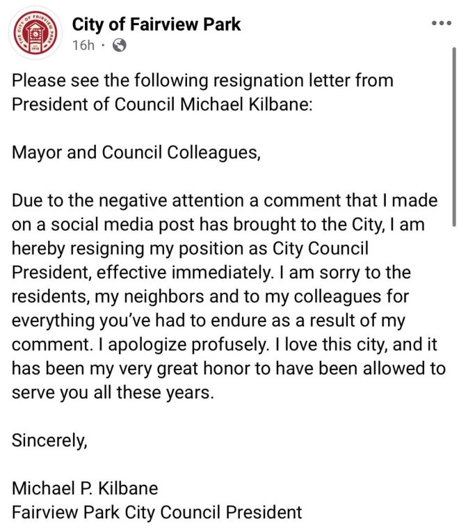 Fairview Park Council President Resigns After Shocking Post! —  Fairview Park council news, Ohio political scandal, Michael Kilbane resignation