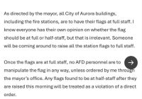 "Fire Chief Threatens Stations Over Flag Order, One Station Rebels and Defies City Directive" —  Dave McCabe Aurora IL, Fire Chief email threat, flag controversy
Aurora fire station defiance, flag at half staff
City fire department flag order dispute, Dave McCabe