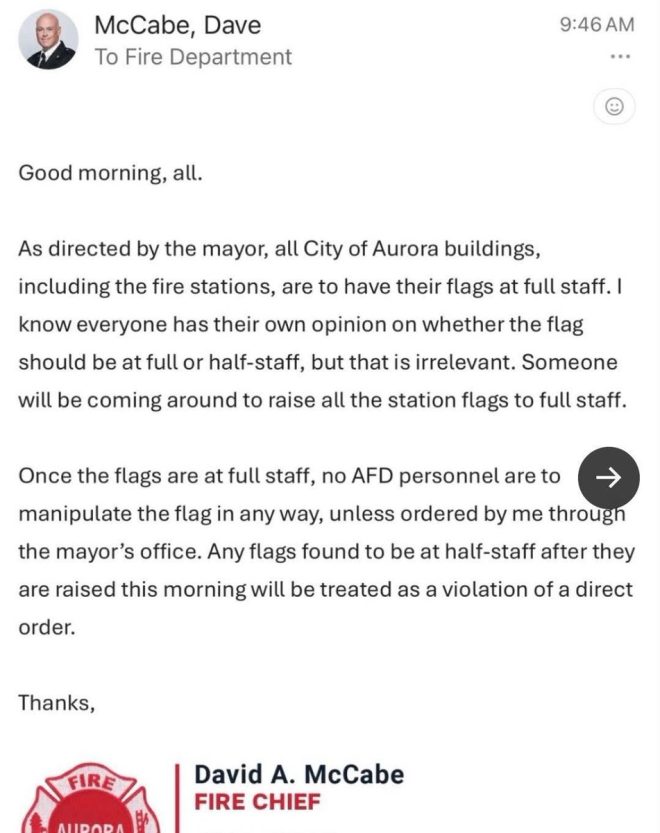 "Fire Chief Threatens Stations Over Flag Order, One Station Rebels and Defies City Directive" —  Dave McCabe Aurora IL, Fire Chief email threat, flag controversy
Aurora fire station defiance, flag at half staff
City fire department flag order dispute, Dave McCabe