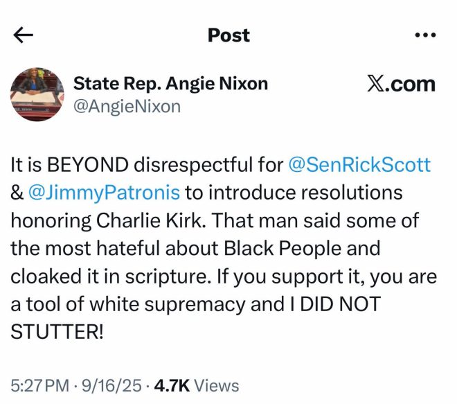 Florida Rep Angie Nixon: Meltdown Over Honoring Charlie Kirk, Calls Supporters Tools of White Supremacy! — Florida State Representative, Angie Nixon, Charlie Kirk resolution, white supremacy tool