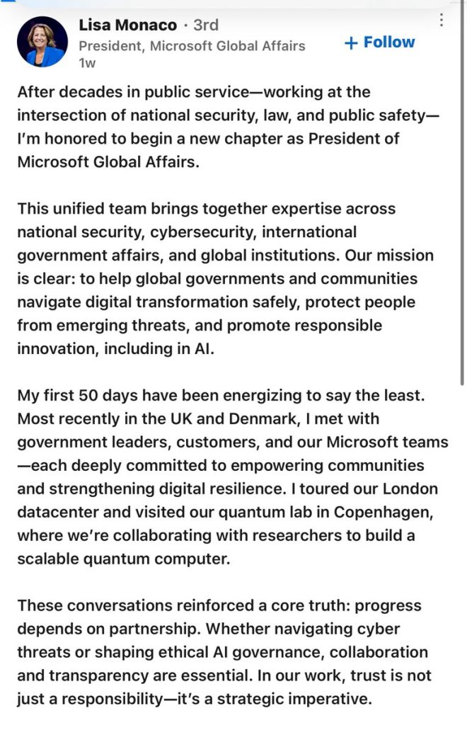 "Former Deputy AG Lisa Monaco, Anti-Trump Deep State Operative, Named President of Global Affairs at Microsoft - Shocking Revelation!" — Lisa Monaco Microsoft appointment, Global Affairs President news, Trump critic LinkedIn update